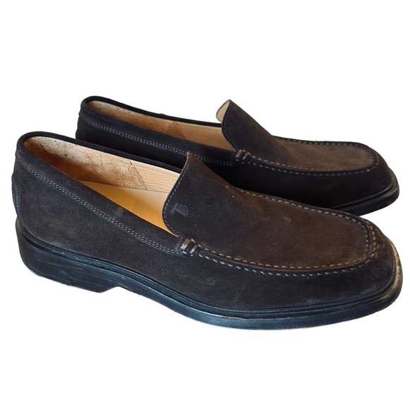✌️OUT✌️TOD'S Driving Shoes Brown Suede Leather Men’s 9.5 Loafers Square Toe - Picture 1 of 13